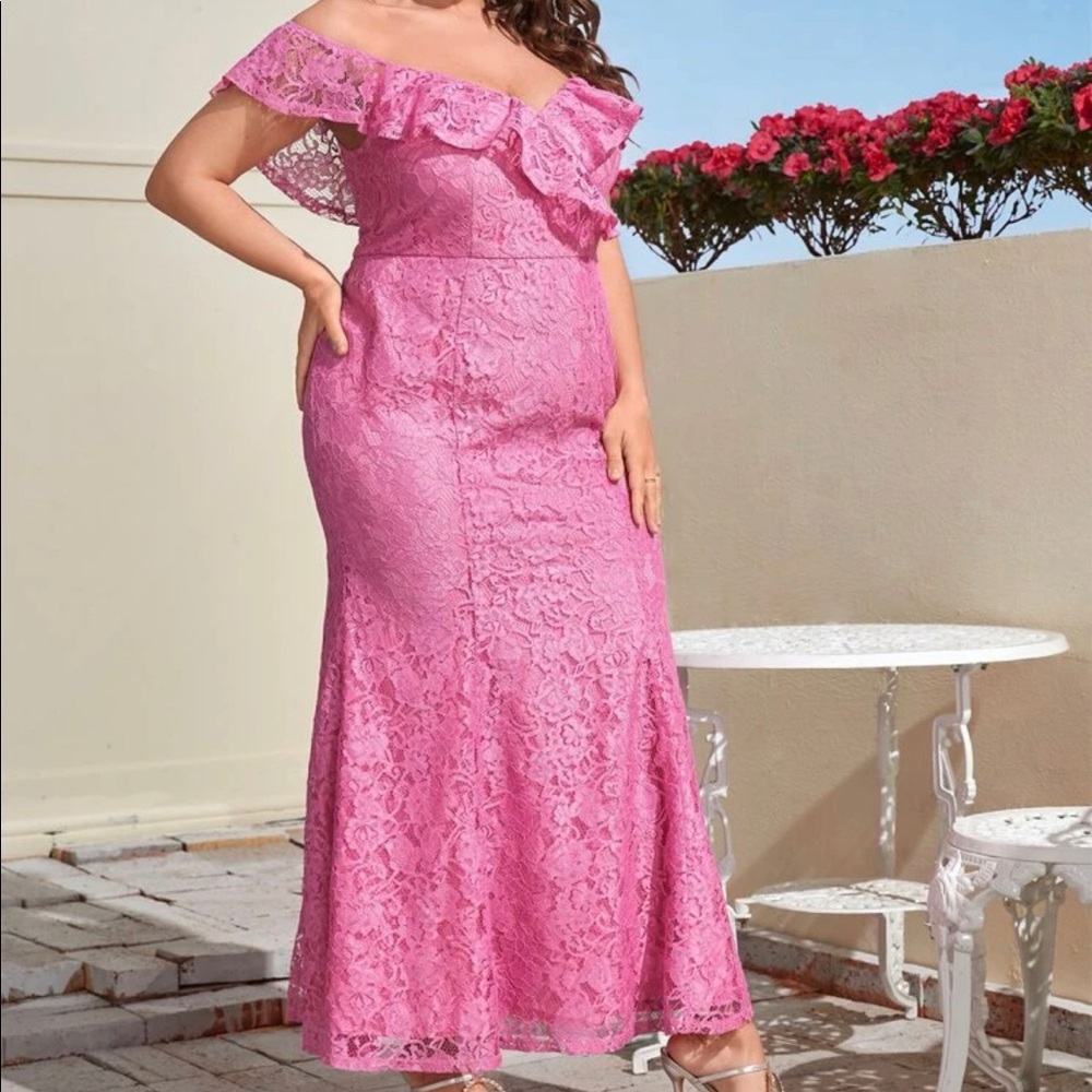 Pink Lace Off Shoulder Long Dress